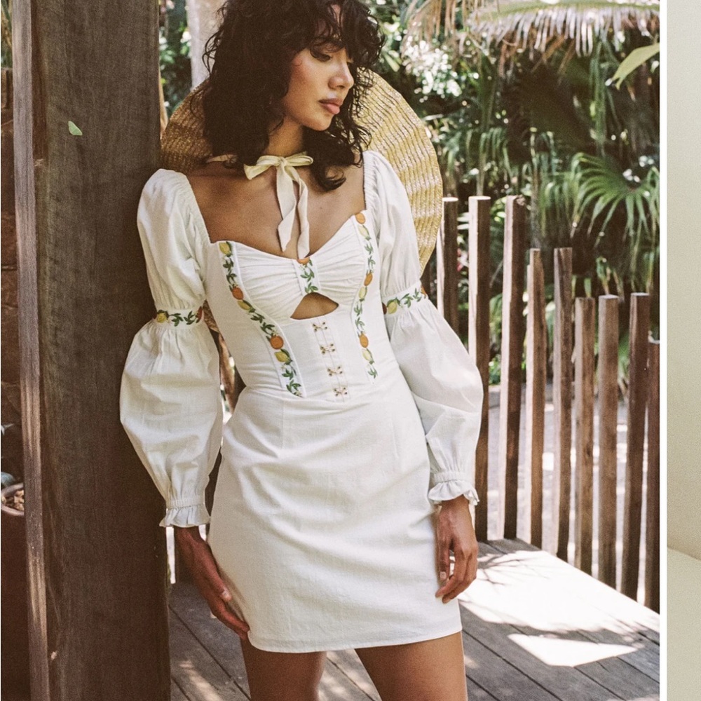 White Embroidered Puff Sleeve Dress